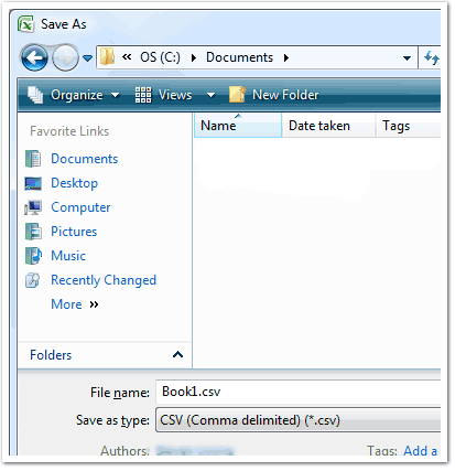 From here, you can save the file as a *.CSV, *.TXT (tab delimited), *.XLS, or *.XLSX file.