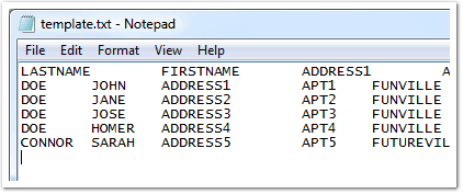 Open your favorite text-editor (we recommend Notepad) and add in any pertinent data, separated by tabs, as shown below.