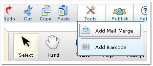 Click on the Tools button in the header and select "Add Mail Merge".