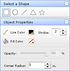 Locate the "Select a Shape" and "Object Properties" boxes to customize your shapes.