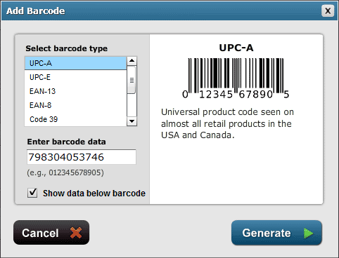 Select the barcode type you wish to use and enter in the barcode data.