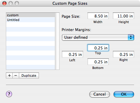 Set the "Page Size" to 8.5" x 11" and adjust all "Printer Margins" to 0.25". Click "OK".