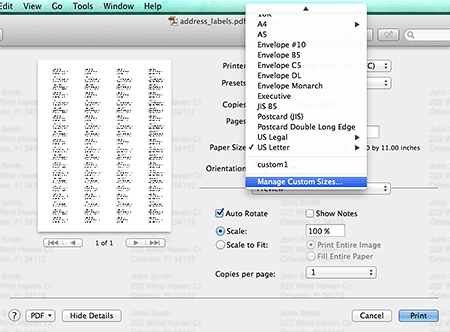 Find the "Paper Size" dropdown menu and select "Manage Custom Sizes."