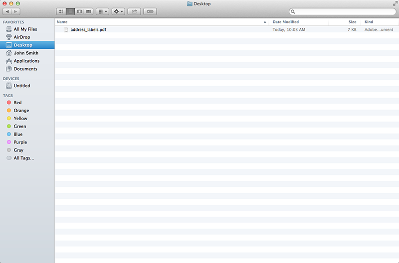 In the Finder window, select "Desktop" from the folder list on the left-hand side. This will present a listing of the files on your Desktop. Select your .PDF file from this list but do not double-click to open it.