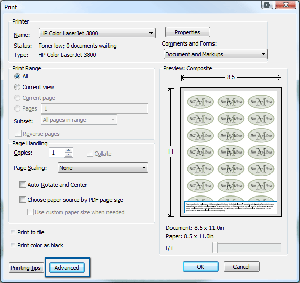 Click on the "Advanced" button to edit print settings, as illustrated below.