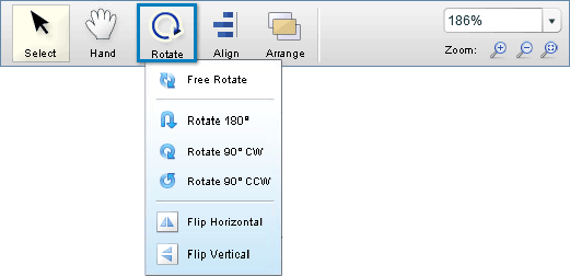 Select the object you'd like to rotate. Hover over the "Rotate" icon in the Design Bar at the top of Maestro Label Designer.